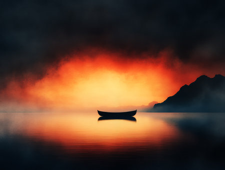 As the sun sets, a single boat rests on the still water of a lake, silhouetted against the bright orange and dark mountains, creating a serene and tranquil atmosphere.の素材