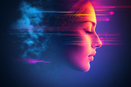 A woman's profile is illustrated against a dark background, featuring bright, colorful light streaks that create a dynamic, ethereal atmosphere.の素材