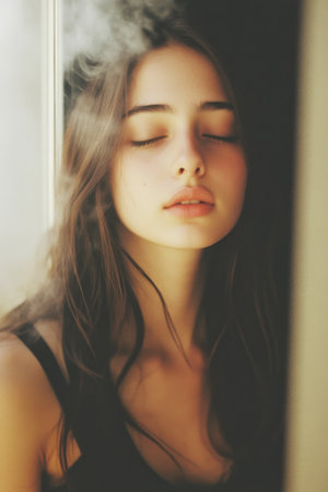 A young woman with long, flowing hair relaxes with her eyes closed, lost in thought. Soft light filters in, creating a serene and contemplative atmosphere around her.の素材