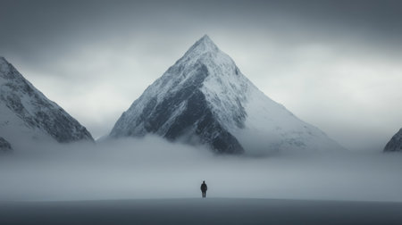 A lone figure walks through a foggy valley, dwarfed by majestic snow-covered peaks at dawn, creating a sense of solitude and awe in the tranquil landscape.の素材
