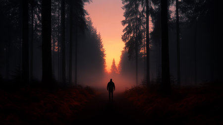 A lone person walks down a dimly lit path, surrounded by tall trees, as the sun sets, casting a warm glow and creating an ethereal atmosphere in the foggy forest.の素材