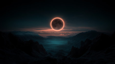 A breathtaking eclipse hangs over a rugged mountain landscape during twilight. The horizon glows softly beneath the darkened sky, and low clouds drift in the serene atmosphere.の素材