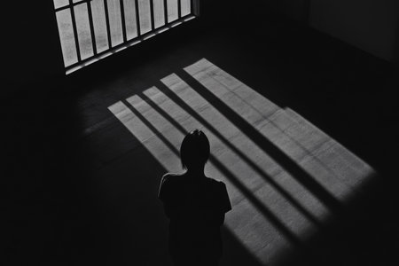 A solitary figure stands in an empty room, illuminated by sunlight streaming through a barred window, creating dramatic shadows on the floor. This evokes feelings of isolation and introspection.の素材