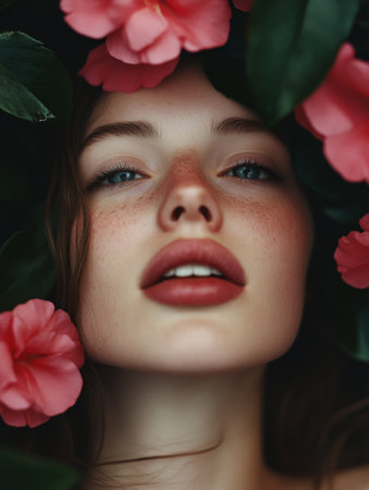 A young woman gazes serenely at the camera, framed by pink flowers and lush greenery, capturing a moment of natural beauty and tranquility.の素材