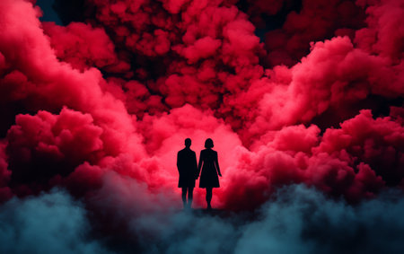 Two individuals stand together, holding hands as colorful clouds of red and blue swirl around them, creating a dramatic and enchanting atmosphere during the evening.の素材