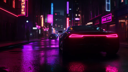 A dark urban street illuminated by neon signs showcases sleek cars with glowing lights. The wet pavement reflects the colorful ambiance, creating a lively night scene.の素材