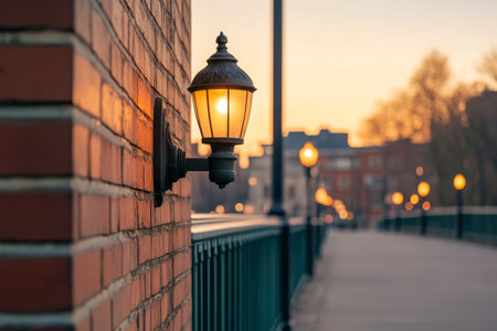 A vintage streetlight casts a warm glow on a brick wall next to a scenic walkway by the water during sunset. Soft light reflects off the surroundings, creating a peaceful atmosphere.の素材