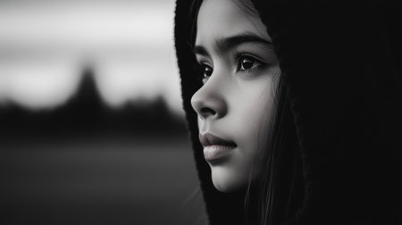 A young girl wearing a black hooded garment stands in profile, deep in thought as she gazes into the distance.の素材