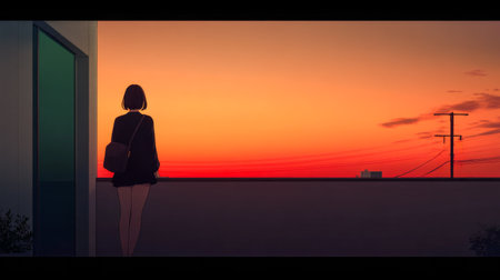A young woman stands on a rooftop, gazing at a stunning sunset that paints the sky in warm shades of orange and red. Her silhouette is framed against the evening skyline, creating a serene moment.の素材