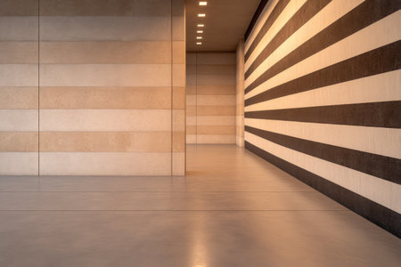 A spacious hallway features a striking striped wall with contrasting colors. The minimalist design highlights sleek lines and a modern aesthetic, creating a serene environment.の素材