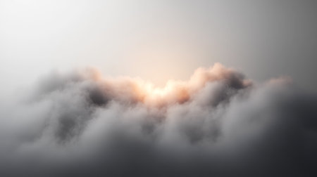 A soft glow from the setting sun pierces through dense, dark clouds, creating a peaceful ambiance in the sky during twilight.の素材