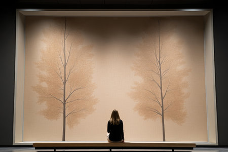A woman sits on a bench, gazing at a large mural featuring two stylized trees with neutral colors. The artistic display creates a tranquil atmosphere in the modern gallery.の素材