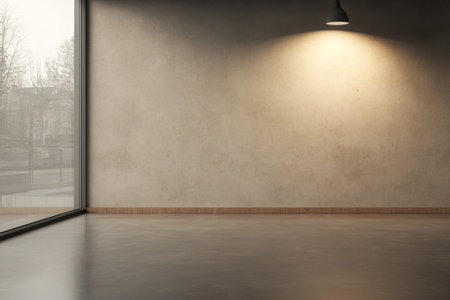 A spacious interior featuring smooth concrete walls and a large window allowing natural light to fill the area. The minimalist design creates a serene and open atmosphere.の素材