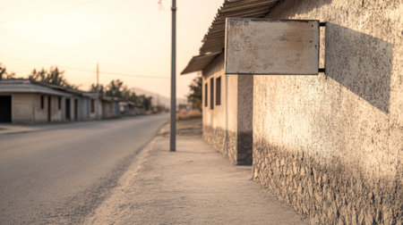 A tranquil early morning scene features a deserted street lined with modest buildings. A weathered signpost stands out as it casts a long shadow on the ground in warm sunlight.の素材