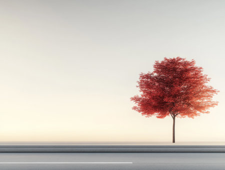 A vibrant red tree is positioned alone against a calm background during autumn. The tranquil scene features a smooth road beside the tree, exuding a peaceful atmosphere at dusk.の素材