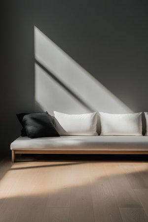 Soft sunlight casts dramatic shadows across a minimalistic living room, highlighting a sleek white sofa adorned with contrasting black and white pillows, creating a tranquil atmosphere.の素材
