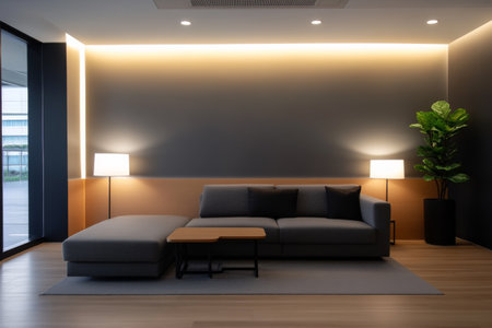 A sleek living room features a comfortable gray sectional sofa complemented by a minimalist coffee table. Gentle lighting creates a cozy atmosphere, highlighted by a decorative plant.の素材