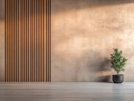 A spacious interior featuring a stylish wooden accent wall and a lush potted plant, illuminated by warm natural light. The minimalist design creates a calming atmosphere perfect for relaxation.の素材