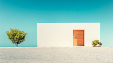 A simple white building features a wooden door in the center, surrounded by a paved area and a lone tree, all set against a vibrant blue sky that enhances the serene ambiance.の素材