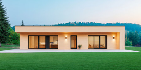 A contemporary single-story house features large windows and a clean design, set against a backdrop of gentle hills. The twilight sky adds a serene ambiance to the landscape.の素材