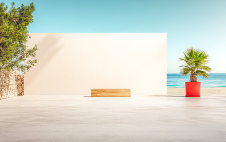 This tranquil outdoor area features a simple wooden bench and a vibrant palm tree in a pot, overlooking an expansive beach under a clear blue sky, creating a peaceful retreat.の素材
