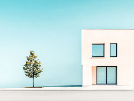 A contemporary building features large windows and minimal design, standing next to a solitary tree under a bright blue sky.の素材