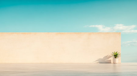 A minimalist outdoor area features a smooth, light-colored wall with a single potted plant nearby. The bright blue sky and soft clouds enhance the tranquil atmosphere of the setting.の素材