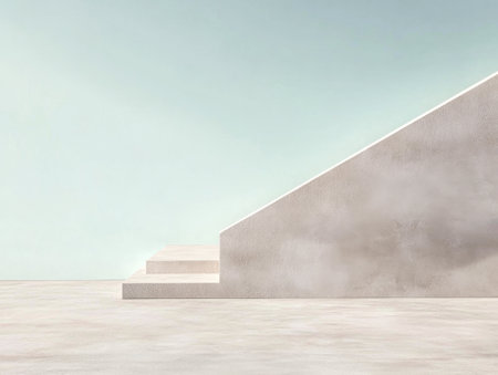 A minimalist architectural design features a staircase leading up to a smooth, angled wall. The gentle lighting creates a calm, serene atmosphere in the outdoor space.の素材