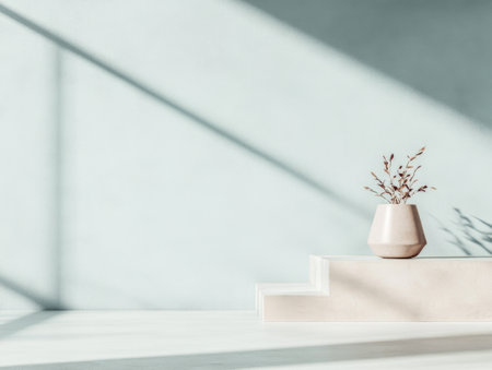 A minimalist vase holds delicate dried flowers, positioned on a stylish platform. Soft morning light casts gentle shadows, creating a serene atmosphere in the room.の素材