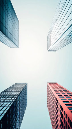 Tall buildings rise against a clear sky, showcasing diverse architectural designs and reflecting sunlight. The scene emphasizes urban life and the beauty of modern construction.の素材