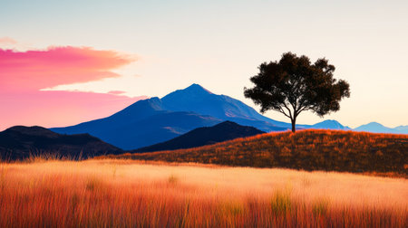 A lone tree stands prominently in a serene landscape, framed by distant mountains reaching towards a colorful sunset. The scene captures the beauty of nature in soft light.の素材