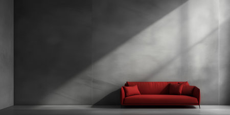 A striking red sofa is positioned against a textured gray wall, illuminated by a bold beam of light, creating a visually captivating contrast in the space.の素材