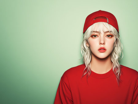 A young woman with silver hair wearing a red cap and shirt poses confidently against a light green backdrop, showcasing her unique style and vibrant appearance, emphasizing individuality.の素材