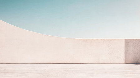 A smooth, curved wall stands against a backdrop of bright blue sky during midday. The minimalist design emphasizes simplicity and tranquility in the architectural landscape.の素材
