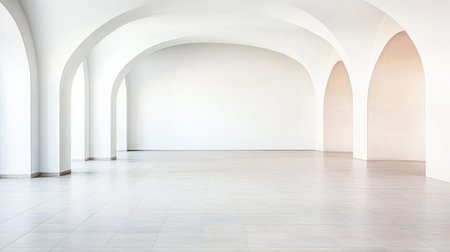 A wide-open gallery features elegant arches and a minimalist design, with an abundance of natural light flooding the space, creating a serene atmosphere for art display.の素材