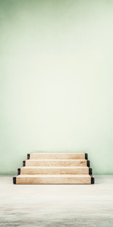 A series of five wooden steps lead up to a soft green wall, creating a minimalist and calming atmosphere in an indoor space.の素材