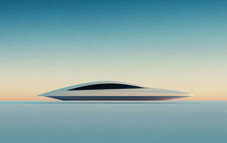A sleek and modern vehicle appears to hover over a flat expanse, set against a serene twilight sky that transitions from blue to orange, showcasing innovative design and technology.の素材