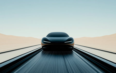 A streamlined, black electric vehicle moves effortlessly on a smooth track, surrounded by expansive desert terrain and a bright, cloudless sky. The design showcases modern technology and innovation.の素材