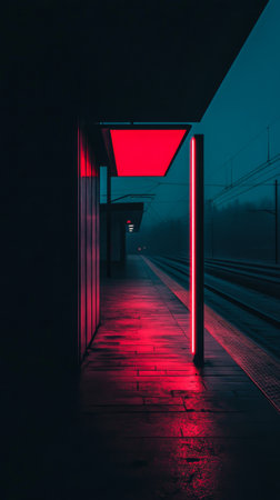 The scene depicts a deserted train station platform illuminated by striking red lights, creating a moody atmosphere as twilight descends and train tracks stretch into the distance.の素材