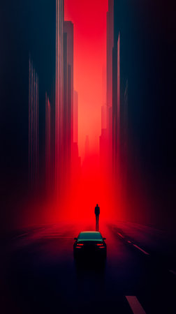 A solitary person stands at the end of a deserted street bathed in red glow, surrounded by tall buildings under a dusky sky, evoking a sense of mystery and solitude.の素材