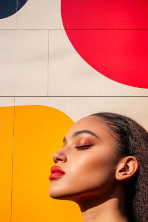 A young woman with striking makeup poses in front of a vibrant wall featuring large red and yellow circles, enjoying the warmth of the sun and showcasing a confident, serene expression.の素材
