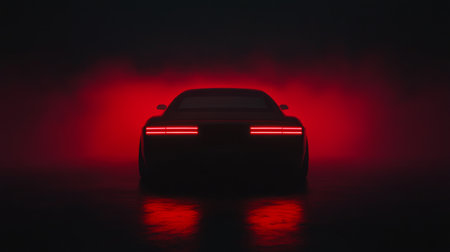 The powerful silhouette of a sports car stands out as it is bathed in red light, creating a dramatic atmosphere. Foggy conditions enhance the striking visual effect in the dimly lit environment.の素材