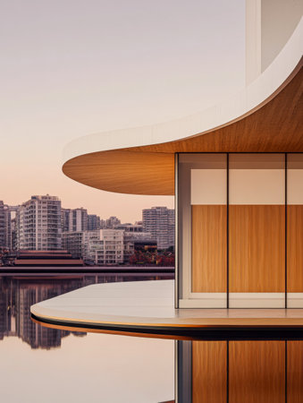 A contemporary building features smooth, curved lines and wooden accents, overlooking a tranquil waterway with a city skyline bathed in the warm hues of sunset.の素材