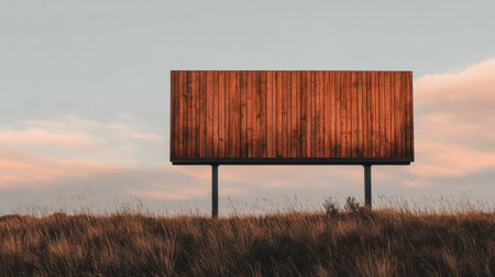 A solitary wooden billboard is prominently displayed in a grassy field, glowing under the warm hues of a sunset sky, surrounded by gentle winds and tranquil nature.の素材