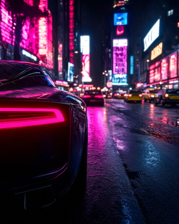 A sleek sports car is parked on a wet street in Times Square at night, illuminated by vibrant neon signs and lights. The atmosphere is lively, reflecting a bustling urban scene.の素材