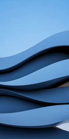 Curved blue shapes gently rise and fall, evoking a sense of movement and tranquility, under a clear azure sky. The composition highlights the harmony between nature and design.の素材