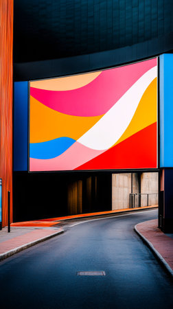 A vibrant digital artwork featuring swirling colors is prominently showcased on a large screen.の素材