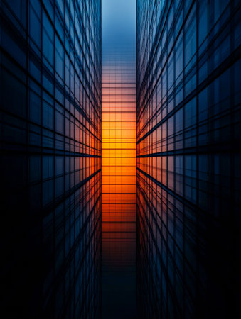 As daylight fades, a vibrant orange sunset fills the gap between two towering glass skyscrapers, reflecting the colors and creating a captivating urban scene.の素材
