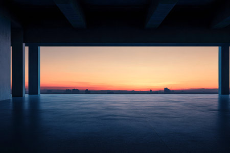 The setting showcases a breathtaking sunset filling the horizon with vibrant colors, viewed from a spacious, modern interior. The empty area highlights the stunning sky above a distant city.の素材