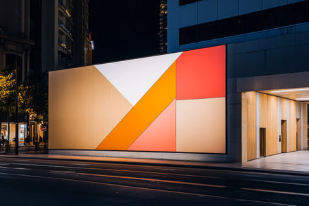 A vibrant geometric mural featuring bold colors adorns the corner of a contemporary building. Streetlights illuminate the artwork, creating an intriguing urban atmosphere after dark.の素材